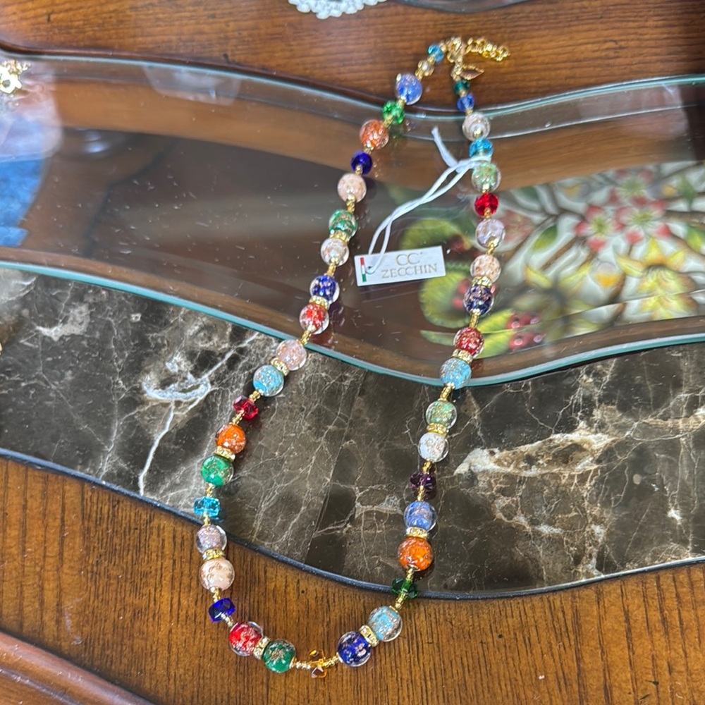 Red and Blue Beaded Necklace with Eclectic Design